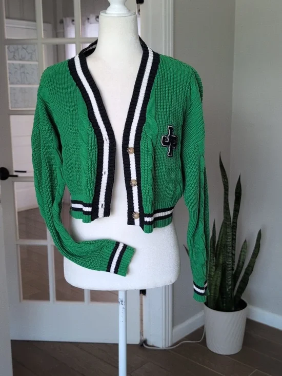 Forever 21 Green Knit Cropped Letter Cardigan Small - Picture 3 of 7